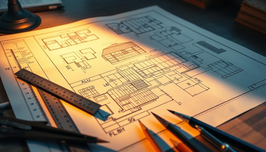 A blueprint of a residential construction project, with detailed architectural plans and engineering diagrams laid out on a drafting table. The scene is illuminated by warm, directional lighting, casting soft shadows and highlighting the intricate technical drawings. The table is surrounded by various tools and instruments, such as a ruler, compass, and pencils, conveying a sense of methodical planning and preparation. The background is slightly blurred, emphasizing the focus on the blueprints and the careful consideration of the building design.