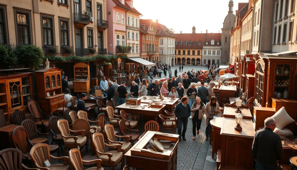 A bustling Polish furniture market scene, captured in a warm, golden-hour light. The foreground showcases an array of well-crafted wooden furniture pieces, from classic armchairs to sleek modern cabinets, artfully displayed by local artisans. The middle ground features crowds of discerning shoppers, browsing the diverse selection while engaged in lively discussions. In the background, the picturesque architecture of an old town square provides a charming, historic backdrop, with cobblestone paths and quaint storefronts. The overall atmosphere conveys a sense of tradition, craftsmanship, and the vibrant energy of a thriving Polish furniture industry.
