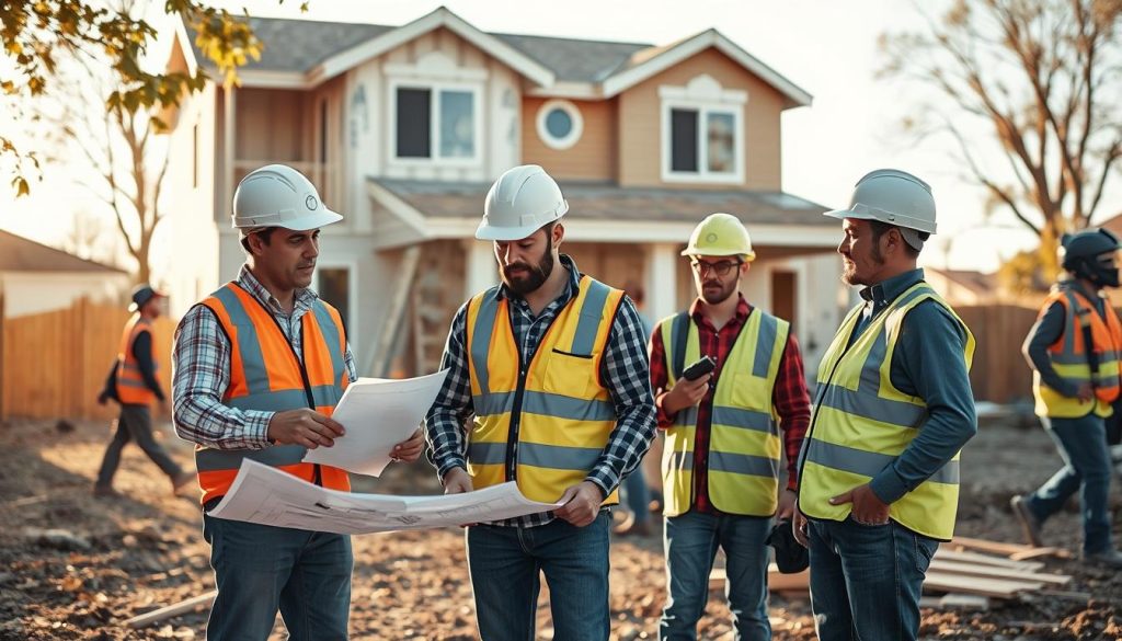 A construction crew diligently inspecting a residential remodel project. In the foreground, three workers in hard hats and reflective vests examine blueprints and discuss plans. In the middle ground, additional crew members carry tools and building materials, their faces focused with determination. The background features a partially renovated two-story home, its exterior walls and roof exposed, hinting at the scope of the project. Warm, natural lighting illuminates the scene, casting soft shadows and conveying a sense of progress and productivity. The overall mood is one of careful planning, skilled craftsmanship, and the collaborative effort required to bring a home renovation to life.
