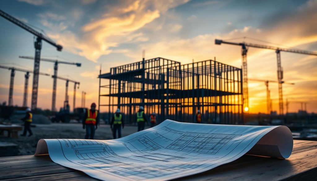 A construction site at dusk, the silhouettes of cranes and scaffolding against a golden sky. In the foreground, a blueprint unfurled on a workbench, illuminated by a soft, warm light. In the middle ground, workers in hard hats and safety vests move purposefully, the sounds of power tools and construction echoing across the site. In the background, the skeletal frame of a new building rises, a testament to the complex process of home construction. The scene conveys a sense of progress, hard work, and the intricate, step-by-step process of building a house, setting the stage for the discussion of common construction mistakes and how to avoid them.