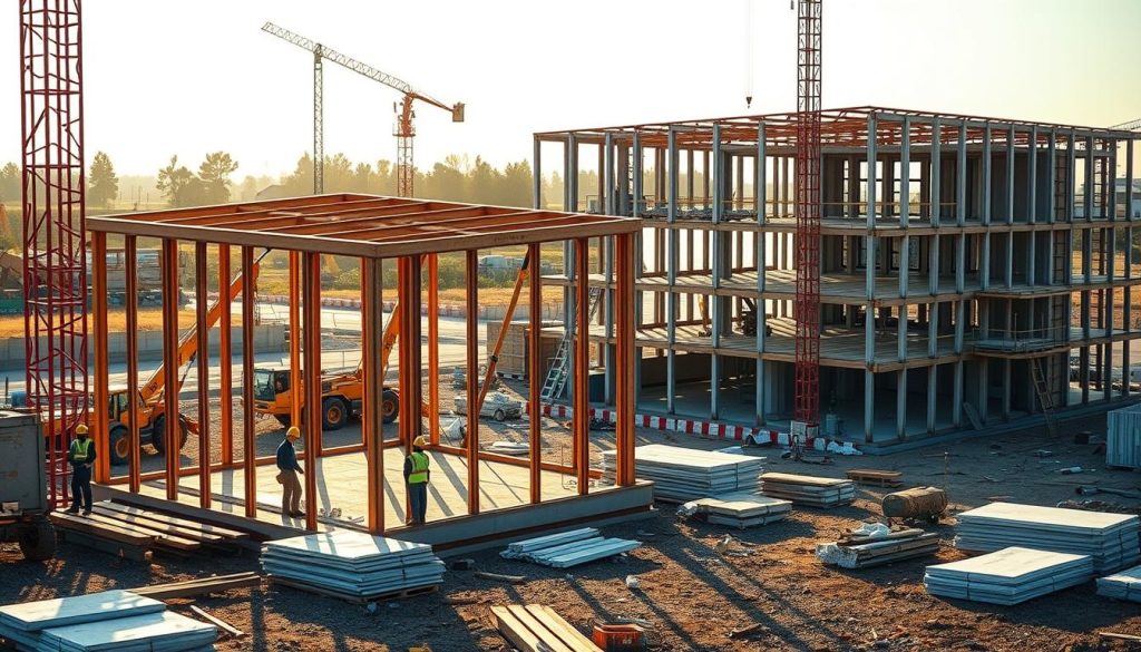 A construction site with a focus on the "system gospodarczy" building method. In the foreground, skilled workers assemble a modular framework, utilizing innovative prefabricated components. The middle ground features heavy machinery, cranes, and materials neatly organized, showcasing the efficiency of the system. In the background, a partially completed structure stands, its clean lines and geometric design hinting at the unique characteristics of this construction approach. The scene is bathed in warm, golden sunlight, creating a sense of progress and productivity. The overall atmosphere conveys the systematic, organized, and cost-effective nature of the "system gospodarczy" building method. A construction site with a focus on the "system gospodarczy" building method. In the foreground, skilled workers assemble a modular framework, utilizing innovative prefabricated components. The middle ground features heavy machinery, cranes, and materials neatly organized, showcasing the efficiency of the system. In the background, a partially completed structure stands, its clean lines and geometric design hinting at the unique characteristics of this construction approach. The scene is bathed in warm, golden sunlight, creating a sense of progress and productivity. The overall atmosphere conveys the systematic, organized, and cost-effective nature of the "system gospodarczy" building method.