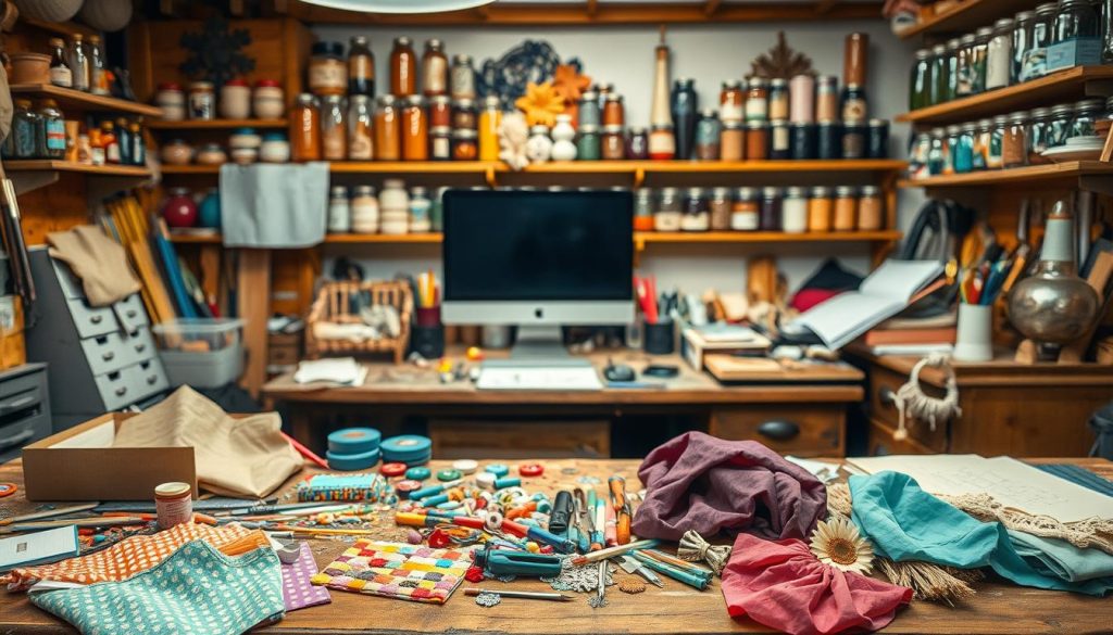 A cozy DIY workshop with warm lighting, showcasing a variety of craft supplies and tools on a rustic wooden workbench. In the foreground, an assortment of vibrant fabrics, paints, and decorative elements lay scattered, hinting at the creative potential. The middle ground features a desktop computer and a sketchpad, symbolizing the planning and design process. In the background, shelves lined with neatly organized jars, cans, and repurposed items suggest a wealth of inspiration and materials for unique DIY projects. The overall atmosphere exudes a sense of creativity, exploration, and the joy of handcrafting personalized decor.