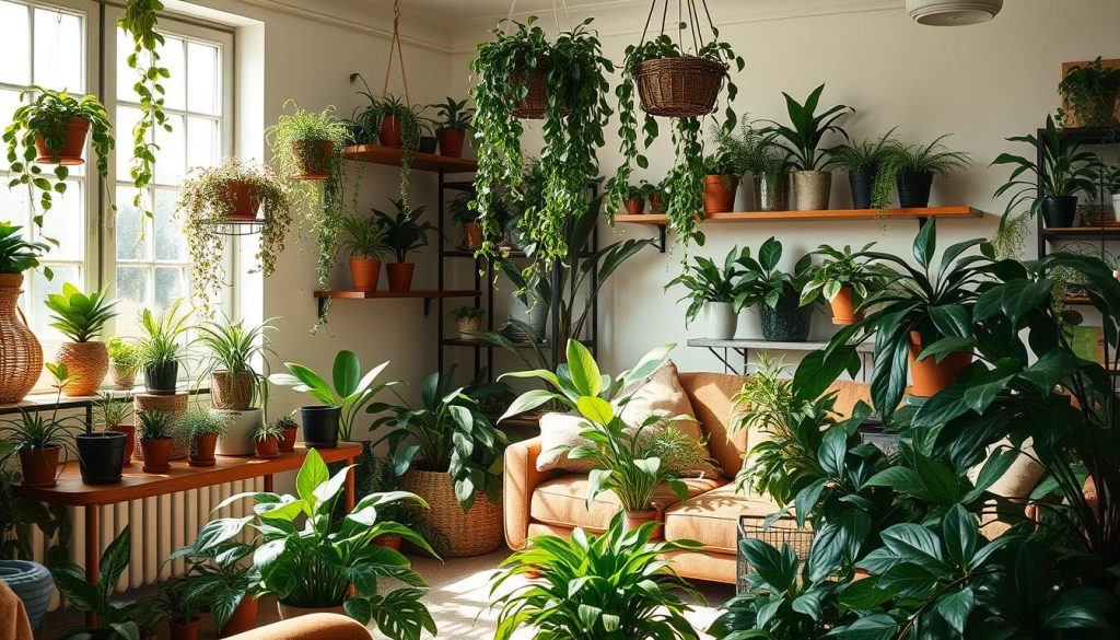 A cozy and inviting living room interior, filled with a variety of lush, vibrant houseplants arranged harmoniously throughout the space. Sunlight streams through large windows, casting a warm, natural glow on the scene. Potted plants of varying sizes, shapes, and textures adorn shelves, side tables, and windowsills, creating a soothing, nature-inspired ambiance. Trailing vines cascade from hanging baskets, while leafy floor plants add depth and texture to the composition. The plants are thoughtfully positioned to complement the room's color scheme and furnishings, seamlessly integrating them into the overall design. A sense of balance, tranquility, and biophilic connection permeates the image, highlighting the significance of houseplants in creating a visually appealing and harmonious interior environment.