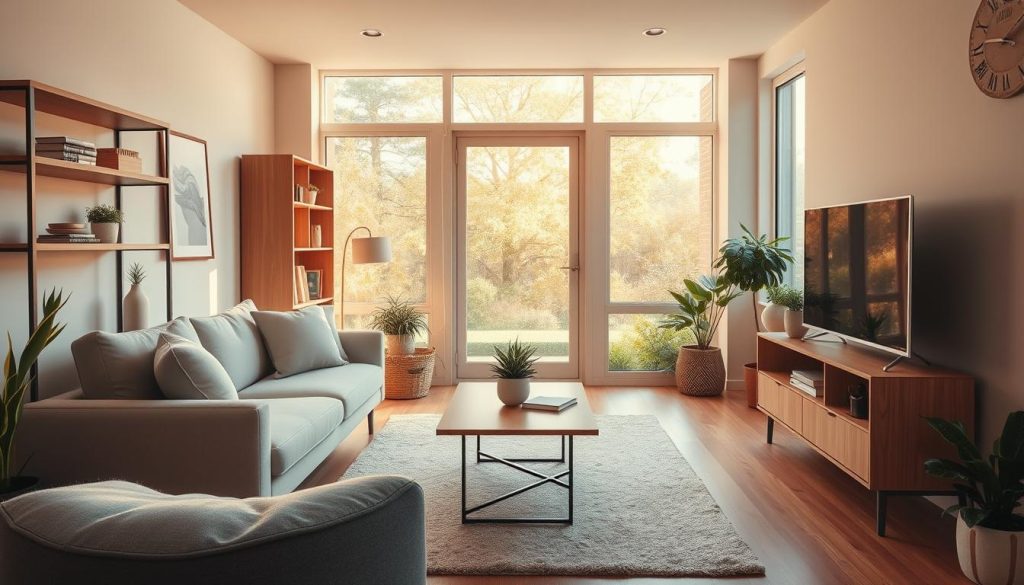 A cozy and inviting small living room with an emphasis on functionality. The space is flooded with warm, natural light filtering through large windows, creating a bright and airy atmosphere. Minimalist yet stylish furniture, including a sleek sofa, compact shelving units, and a versatile coffee table, are strategically placed to maximize the available space. Subtle textures, such as a plush area rug and soft throw pillows, add depth and comfort. Carefully chosen decor, like potted plants and a few carefully selected artwork pieces, enhance the room's harmonious and visually appealing aesthetic. The overall design strikes a balance between form and function, showcasing how small spaces can be transformed into highly practical and visually captivating living environments. A cozy and inviting small living room with an emphasis on functionality. The space is flooded with warm, natural light filtering through large windows, creating a bright and airy atmosphere. Minimalist yet stylish furniture, including a sleek sofa, compact shelving units, and a versatile coffee table, are strategically placed to maximize the available space. Subtle textures, such as a plush area rug and soft throw pillows, add depth and comfort. Carefully chosen decor, like potted plants and a few carefully selected artwork pieces, enhance the room's harmonious and visually appealing aesthetic. The overall design strikes a balance between form and function, showcasing how small spaces can be transformed into highly practical and visually captivating living environments.