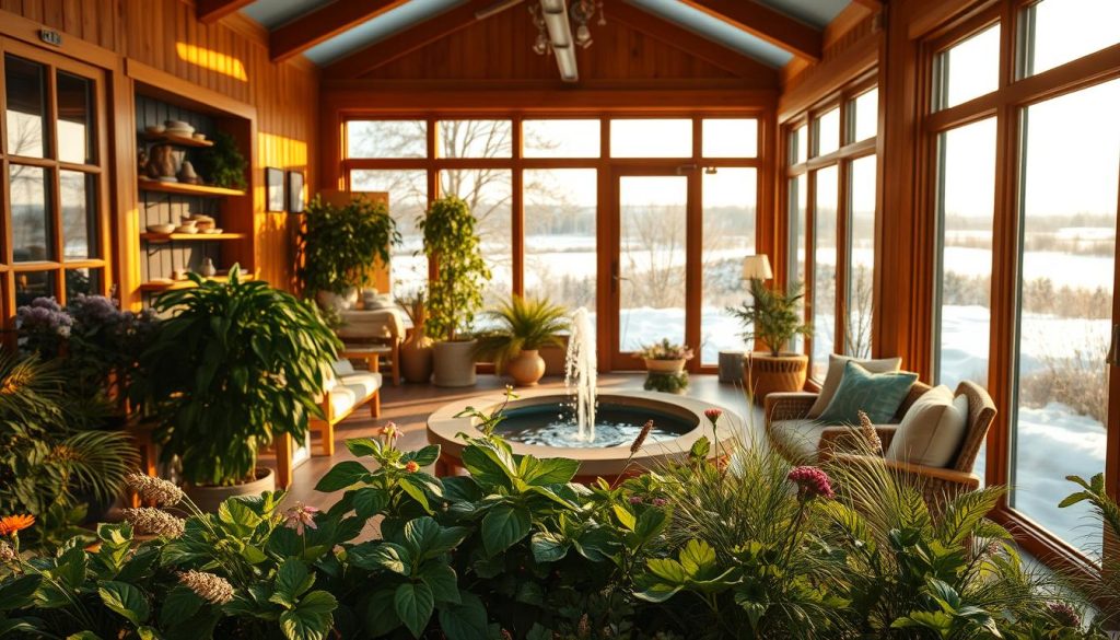A cozy and serene winter garden, bathed in warm, natural light filtering through large glass panels. The foreground features lush, verdant plants and flowers thriving in the temperate environment, their vibrant colors contrasting with the soft, neutral tones of the wooden furniture and decorative accents. The middle ground showcases a tranquil water feature, its gentle ripples reflecting the greenery and creating a soothing ambiance. In the background, the scene opens up to a panoramic view of a snow-covered landscape, hinting at the season while maintaining the insulated, relaxing atmosphere of the indoor oasis.