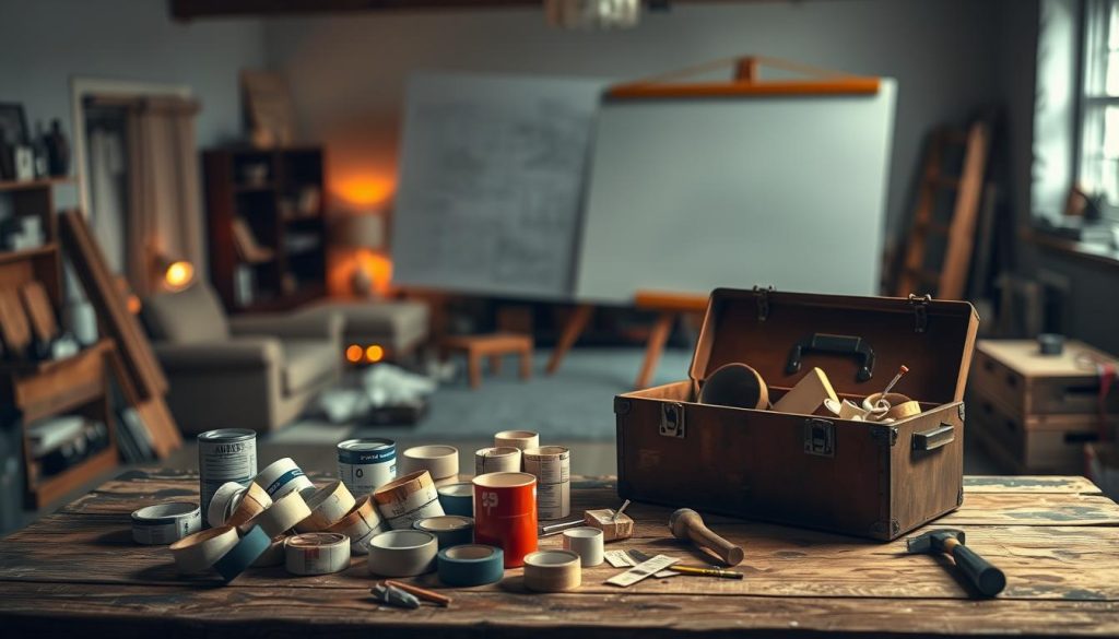 A cozy, dimly lit room with warm lighting casting a gentle glow across the space. In the foreground, a toolbox sits open, its contents spilling out onto a weathered wooden workbench. Scattered around it are various construction materials - rolls of tape, paint cans, and a hammer. In the middle ground, a large, empty whiteboard stands, ready to be filled with plans and ideas for the upcoming home renovation. The background is blurred, hinting at the larger project at hand, with the faint silhouettes of furniture and construction equipment visible. The overall atmosphere is one of anticipation and preparation, setting the stage for the journey of transforming a living space.