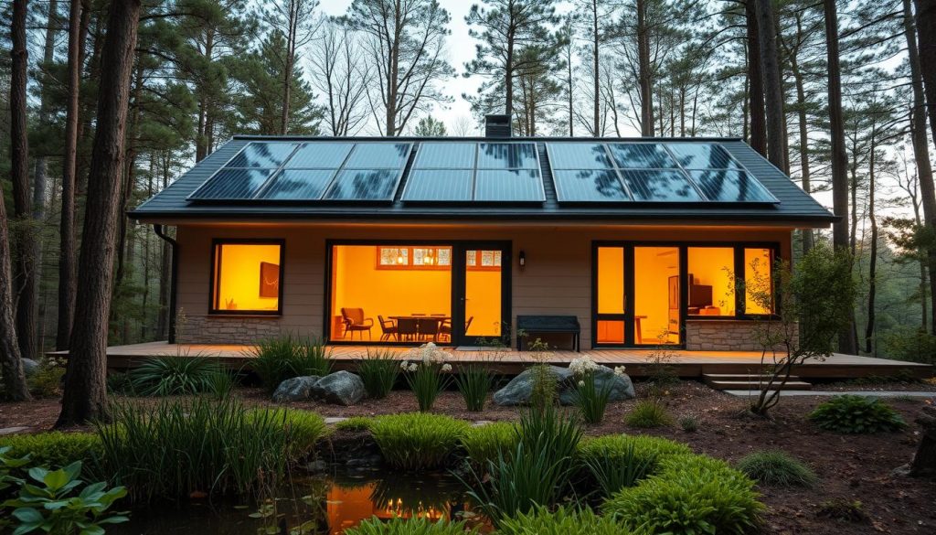 A cozy, energy-efficient home nestled in a serene, wooded landscape. The exterior features clean lines, large windows, and solar panels seamlessly integrated into the roof. The warm, natural lighting filters through the glass, casting a soft glow on the well-insulated walls. In the foreground, a verdant garden with native plants and a small pond, creating a harmonious balance between the built and natural environments. The scene conveys a sense of comfort, sustainability, and a connection to the surrounding nature. A wide-angle lens captures the holistic design, highlighting the practical and aesthetic advantages of an eco-friendly, energy-saving home. A cozy, energy-efficient home nestled in a serene, wooded landscape. The exterior features clean lines, large windows, and solar panels seamlessly integrated into the roof. The warm, natural lighting filters through the glass, casting a soft glow on the well-insulated walls. In the foreground, a verdant garden with native plants and a small pond, creating a harmonious balance between the built and natural environments. The scene conveys a sense of comfort, sustainability, and a connection to the surrounding nature. A wide-angle lens captures the holistic design, highlighting the practical and aesthetic advantages of an eco-friendly, energy-saving home.
