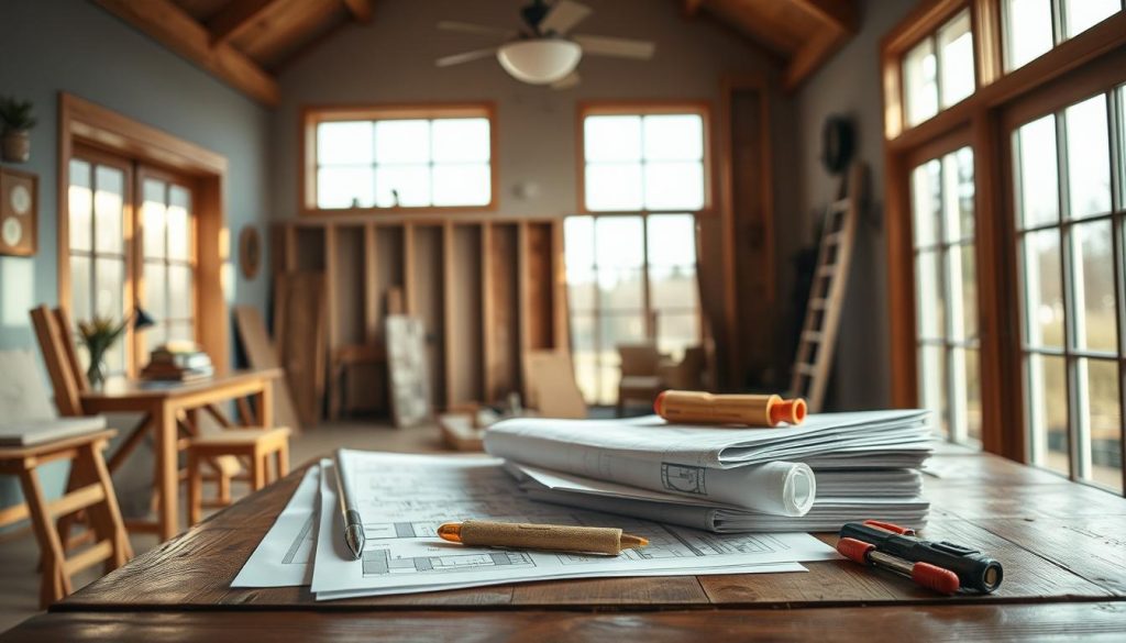A cozy home interior with a warm, inviting atmosphere. In the foreground, a stack of construction plans and tools lie on a wooden table, hinting at the impending home renovation project. The middle ground features a partially dismantled wall, exposing the underlying structure and materials. In the background, natural light streams in through large windows, casting a soft, diffused glow throughout the space. The overall mood is one of anticipation and the potential for transformation, setting the stage for the article's exploration of DIY versus professional renovation.