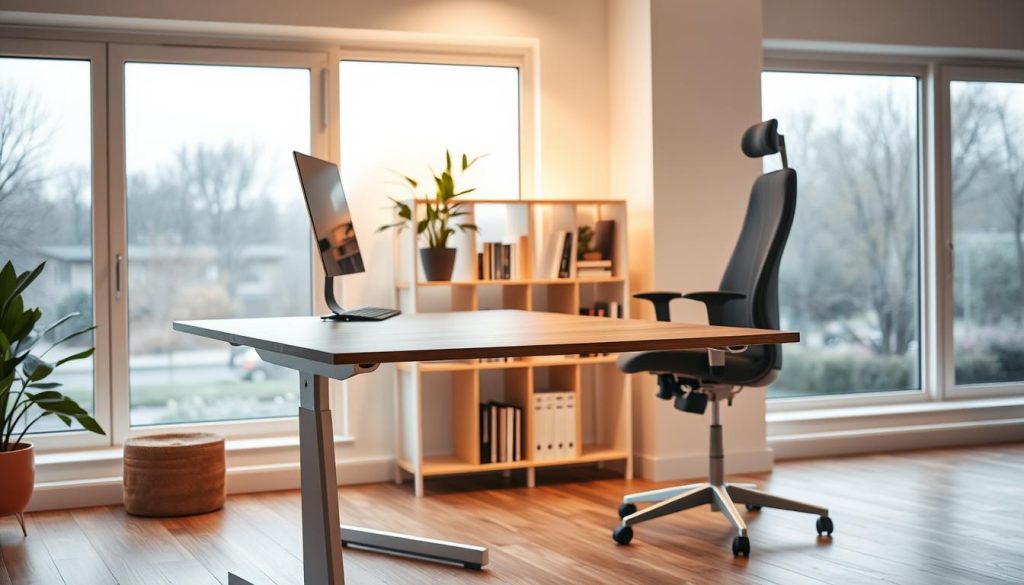 A cozy, modern home office with ergonomic furniture. In the foreground, a sleek, adjustable standing desk with a seamless wooden surface and clean metal legs. Beside it, an ergonomic office chair with a high backrest and plush upholstery. In the middle ground, a minimalist bookshelf with neatly arranged books and a potted plant. Soft, indirect lighting illuminates the space, creating a warm, productive atmosphere. The background features large windows overlooking a serene outdoor scene, blending the indoor and outdoor environments. The overall composition emphasizes functionality, comfort, and a harmonious, ergonomic workspace.