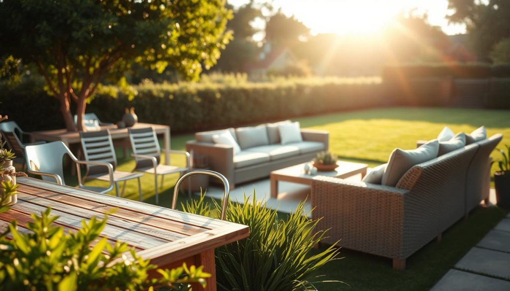 A cozy outdoor setting featuring a variety of stylish garden furniture. In the foreground, a wooden dining set with a weathered finish stands amidst lush greenery. Flanking it, a pair of contemporary metal chairs with sleek, minimalist designs. In the middle ground, a modular rattan sofa set invites relaxation under the warm, diffused lighting of a late afternoon sun. The background showcases a well-manicured lawn and a hedgerow, creating a serene, natural backdrop. The overall atmosphere exudes a harmonious blend of natural materials, modern design, and a touch of rustic charm, perfectly capturing the essence of comfortable and stylish outdoor living.