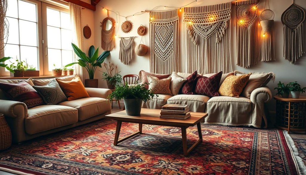 A cozy, well-lit bohemian-style room with warm, earthy tones. In the foreground, a plush, overstuffed sofa adorned with an eclectic array of throw pillows in muted colors and intricate patterns. A large, ornate area rug in shades of burgundy, mustard, and olive green anchors the space. In the middle ground, a wooden coffee table with a vase of lush, trailing plants and a stack of artfully arranged books. The background features a wall adorned with macrame wall hangings, woven tapestries, and string lights, creating a soft, ambient glow. Sunlight filters in through large windows, casting a warm, golden light throughout the room. The overall atmosphere is one of relaxed, effortless style and cozy, bohemian charm. A cozy, well-lit bohemian-style room with warm, earthy tones. In the foreground, a plush, overstuffed sofa adorned with an eclectic array of throw pillows in muted colors and intricate patterns. A large, ornate area rug in shades of burgundy, mustard, and olive green anchors the space. In the middle ground, a wooden coffee table with a vase of lush, trailing plants and a stack of artfully arranged books. The background features a wall adorned with macrame wall hangings, woven tapestries, and string lights, creating a soft, ambient glow. Sunlight filters in through large windows, casting a warm, golden light throughout the room. The overall atmosphere is one of relaxed, effortless style and cozy, bohemian charm.