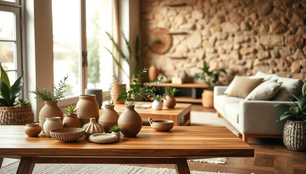 A cozy, well-lit interior featuring a harmonious blend of natural materials. In the foreground, a sleek wooden table is adorned with an assortment of earthy ceramics, woven baskets, and lush greenery. The middle ground showcases a plush, neutral-toned sofa complemented by a woven area rug and a statement wooden coffee table. The background reveals a wall adorned with a textured stone or clay finish, providing a warm and inviting ambiance. Soft, diffused lighting filters through large windows, accentuating the organic textures and natural tones that permeate the space. An atmosphere of tranquility and mindfulness pervades the scene, reflecting the latest trends in sustainable and nature-inspired interior design.