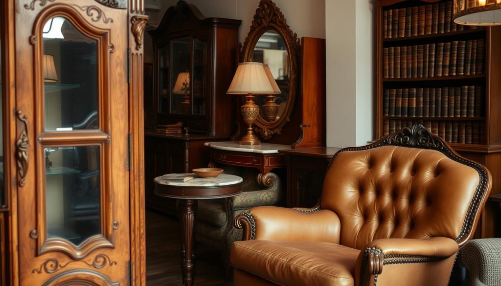 A cozy, well-lit vintage furniture showroom, with a warm, soft lighting highlighting the intricate details and textures of the antique pieces. In the foreground, a beautifully crafted wooden cabinet with ornate carvings and a rich, distressed finish. In the middle ground, a plush, tufted armchair with worn, supple leather, nestled next to a vintage side table with a marble top. The background features a mix of other vintage furnishings, including a large, ornate mirror and a tall, narrow bookshelf filled with aged leather-bound books. The overall atmosphere evokes a sense of timeless elegance and craftsmanship, perfectly capturing the essence of vintage furniture.