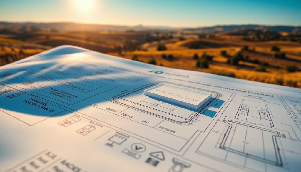 A detailed architectural diagram depicting the critical requirements for a buildable plot of land. In the foreground, a blueprint-style technical drawing showcases the key zoning regulations, lot dimensions, and infrastructure connections. The middle ground features a realistic 3D rendering of the plot, highlighting the topography, access points, and any existing structures. In the background, a panoramic landscape view provides context, with rolling hills, distant trees, and a clear blue sky illuminated by warm, directional sunlight. The overall atmosphere conveys a sense of precision, compliance, and the promise of a successful construction project.