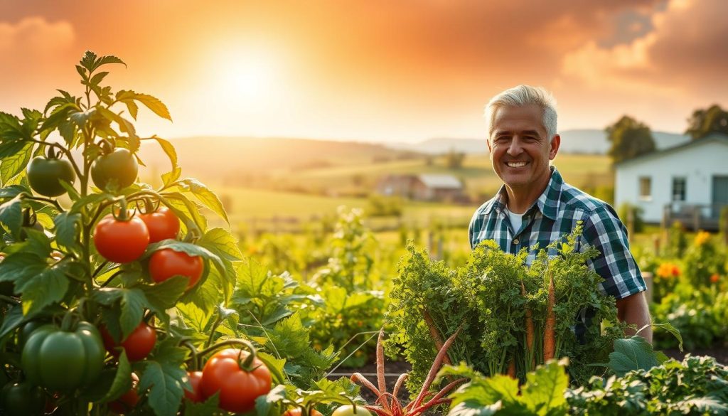 A lush, bountiful vegetable garden under a warm, golden sun, with vibrant greens, reds, and yellows of fresh produce bursting forth. In the foreground, a variety of wholesome vegetables like tomatoes, carrots, and leafy greens stand tall, their leaves glistening with morning dew. In the middle ground, a gardener proudly surveys their work, their face beaming with a sense of accomplishment and well-being. The background features a charming rural landscape, with rolling hills and a quaint farmhouse in the distance, conveying a sense of tranquility and connection to nature. The scene radiates an atmosphere of health, sustainability, and the joy of homegrown nourishment.