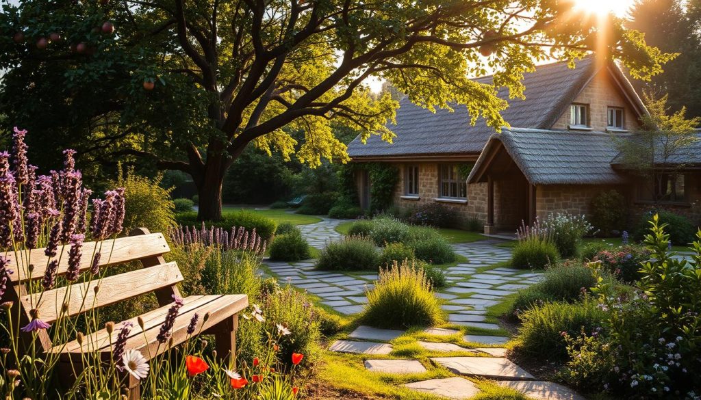 A lush, rustic garden in the golden hour. In the foreground, a weathered wooden bench is nestled among a profusion of wildflowers - lavender, poppies, and daisies sway gently in the soft breeze. The middle ground features a meandering path of worn flagstone, bordered by neatly trimmed hedges and fragrant herbs. In the distance, a modest stone cottage with a thatched roof peeks out from behind a canopy of mature fruit trees, their gnarled branches heavy with ripe, blushing apples. Dappled sunlight filters through the leaves, casting a warm, magical glow over the entire scene. The overall atmosphere evokes a sense of timeless charm and tranquility, perfectly capturing the essence of a rustic country garden.