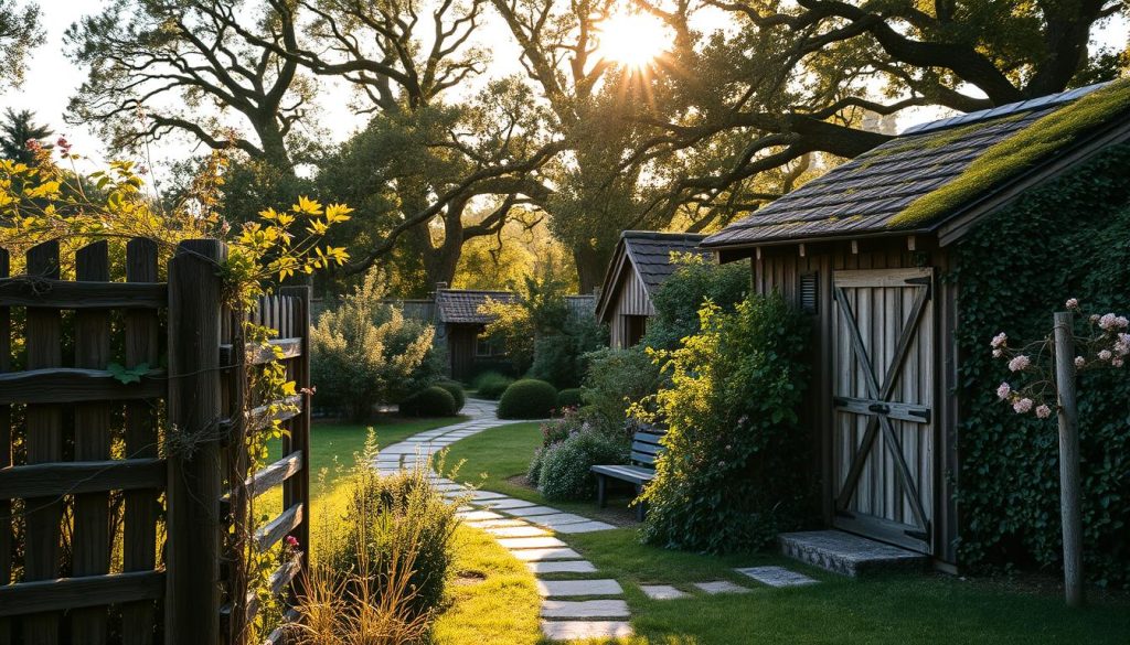 A lush, rustic garden in the golden hour. In the foreground, a weathered wooden fence entwined with climbing vines and wildflowers. Mid-ground, a meandering stone path leads to a charming garden shed, its aged timber and moss-covered roof blending seamlessly with the surroundings. In the background, a canopy of mature trees casts a soft, dappled light over the scene. The overall atmosphere is one of tranquility and timeless elegance, inviting the viewer to step into this serene, pastoral oasis.