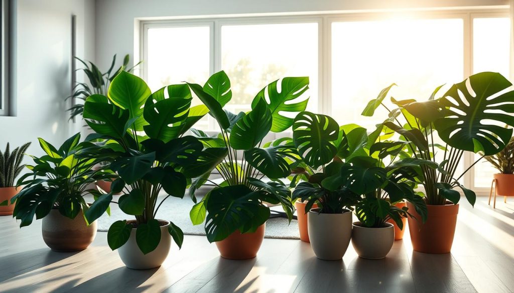 A lush, sun-dappled scene of potted houseplants decorating a modern, minimalist living room. In the foreground, a cluster of thriving, verdant philodendrons and monstera plants in ceramic pots, their broad leaves casting intricate shadows on the pale wooden floor. The middle ground features a sleek, low-slung sofa and a geometric coffee table, providing a clean backdrop for the vibrant greenery. In the background, large windows flood the space with warm, golden light, illuminating the plants and creating a serene, natural ambiance. The overall mood is one of tranquility and understated elegance, inviting the viewer to imagine this as a peaceful, plant-filled sanctuary within the home.
