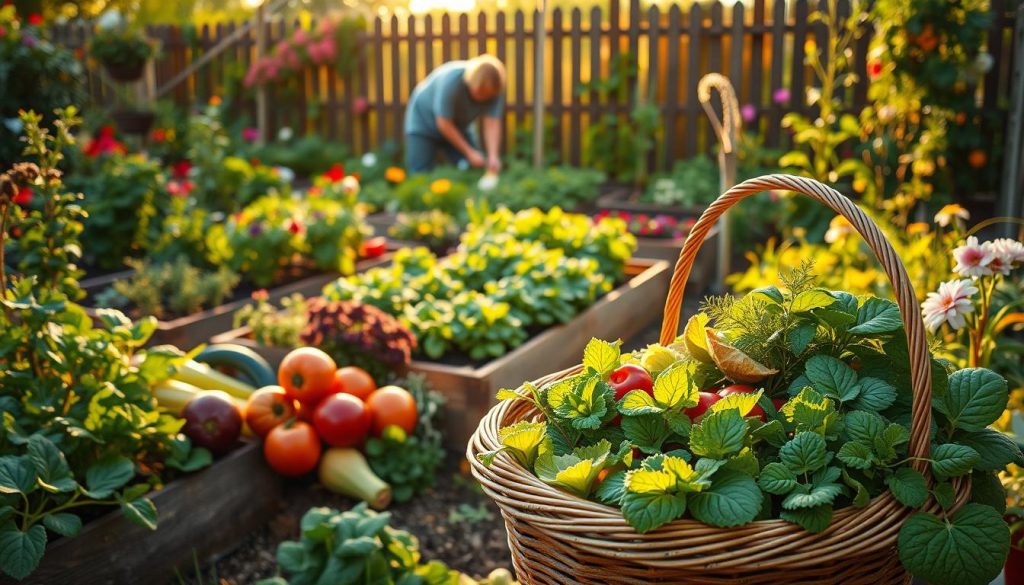 A lush, thriving home garden with vibrant vegetables, fragrant herbs, and colorful blooms. In the foreground, a basket overflows with freshly harvested produce, illuminated by warm, golden light. In the middle ground, a person tends to the neatly arranged raised beds, their hands caressing the soil with care. The background reveals a cozy, rustic wooden fence, framing the scene and creating a sense of tranquility. The overall atmosphere exudes a feeling of bounty, serenity, and the joys of homegrown nourishment. A lush, thriving home garden with vibrant vegetables, fragrant herbs, and colorful blooms. In the foreground, a basket overflows with freshly harvested produce, illuminated by warm, golden light. In the middle ground, a person tends to the neatly arranged raised beds, their hands caressing the soil with care. The background reveals a cozy, rustic wooden fence, framing the scene and creating a sense of tranquility. The overall atmosphere exudes a feeling of bounty, serenity, and the joys of homegrown nourishment.