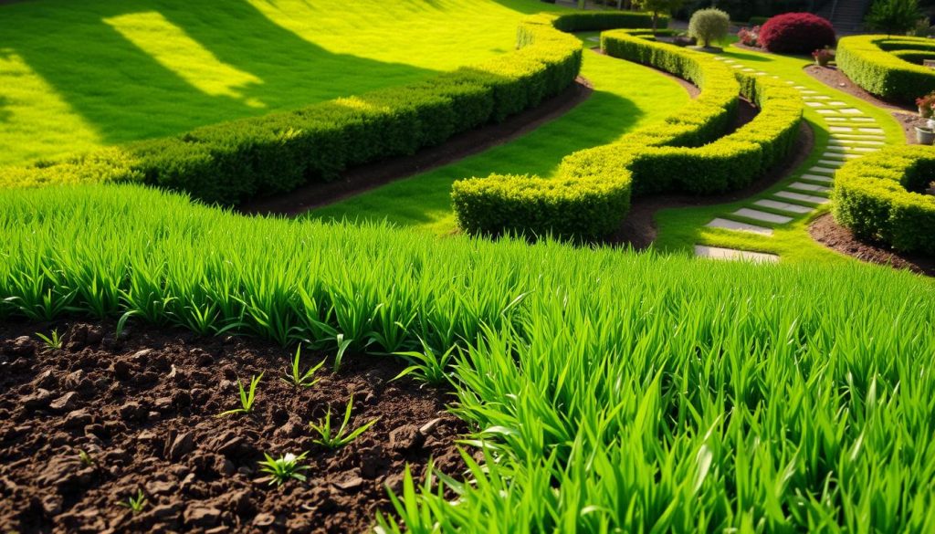A lush, verdant expanse of freshly laid sod, blanketing the ground in a vibrant emerald hue. Blades of grass sway gently in a soft breeze, catching the warm afternoon sunlight that filters through wispy clouds. In the foreground, a well-tended soil bed, tilled and ready to receive the new turf, its rich, dark brown tones contrasting with the vibrant green. Meandering garden paths, lined with neatly trimmed hedges, lead the eye through the scene, inviting the viewer to explore this meticulously crafted outdoor oasis. The overall atmosphere is one of tranquility and anticipation, a space poised for the start of a thriving, well-maintained lawn.