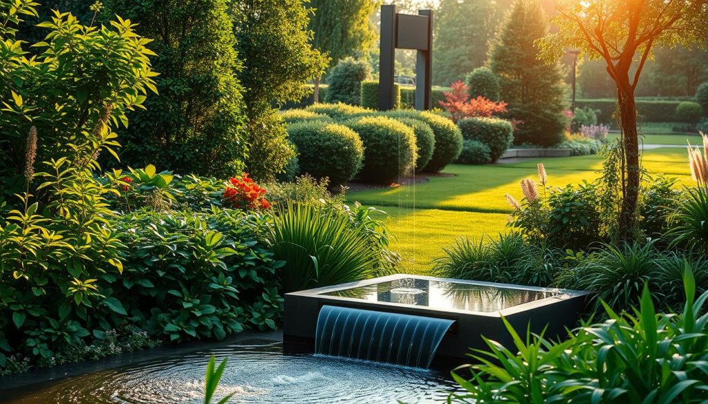 A lush, verdant garden filled with vibrant greenery and thriving plants, bathed in the warm glow of a soft, diffused natural light. In the foreground, a sleek, modern water feature flows seamlessly, its surface reflecting the surrounding foliage. In the middle ground, strategically placed smart sensors and automated irrigation systems ensure optimal plant health and water conservation. The background showcases a harmonious blend of ornamental bushes, towering trees, and a neatly manicured lawn, all working in perfect synergy to create a tranquil, sustainable, and intelligent outdoor oasis. A lush, verdant garden filled with vibrant greenery and thriving plants, bathed in the warm glow of a soft, diffused natural light. In the foreground, a sleek, modern water feature flows seamlessly, its surface reflecting the surrounding foliage. In the middle ground, strategically placed smart sensors and automated irrigation systems ensure optimal plant health and water conservation. The background showcases a harmonious blend of ornamental bushes, towering trees, and a neatly manicured lawn, all working in perfect synergy to create a tranquil, sustainable, and intelligent outdoor oasis.