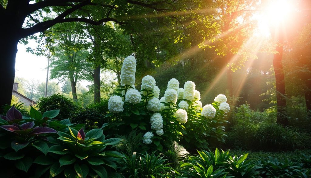 A lush, verdant garden nestled in the cool, dappled shade of tall trees. In the foreground, vibrant hostas and ferns sway gently, their broad, textured leaves catching the soft, filtered light. Deeper within, towering hydrangea bushes burst with delicate, cloud-like blooms. The canopy above casts a tranquil, atmospheric shadow, creating a serene, hushed ambiance. Drifting beams of sunlight pierce through the foliage, casting a warm, inviting glow across the scene. Lush, verdant groundcover carpets the earth, completing this peaceful, contemplative garden oasis.