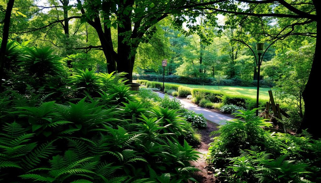 A lush, verdant garden nestled in the tranquil embrace of gentle shadows. The foreground is adorned with a vibrant tapestry of ferns, hostas, and other shade-loving perennials, their emerald leaves gently swaying in the soft breeze. The middle ground reveals a winding path, inviting exploration, with scattered patches of sunlight filtering through the canopy above. In the background, a verdant woodland scene, where towering trees cast a soothing, filtered light, creating an oasis of calm and serenity. The overall atmosphere is one of peaceful solitude, where the senses are soothed by the interplay of light and shadow, and the gentle rhythm of nature takes center stage.