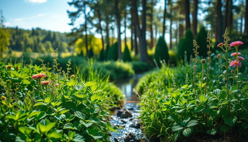 A lush, verdant garden scene bathed in soft, natural light. In the foreground, a variety of healthy, thriving plants - vibrant green foliage, colorful blooms, and herbs. In the middle ground, a gentle stream or pond, its surface reflecting the surrounding flora. The background features a tranquil, wooded landscape, with tall trees and a clear blue sky overhead. The overall atmosphere is one of harmony, balance, and the restorative power of nature. Subtle details like beneficial insects, earthworms, and diverse wildlife further convey the message of natural, sustainable growth and protection. A lush, verdant garden scene bathed in soft, natural light. In the foreground, a variety of healthy, thriving plants - vibrant green foliage, colorful blooms, and herbs. In the middle ground, a gentle stream or pond, its surface reflecting the surrounding flora. The background features a tranquil, wooded landscape, with tall trees and a clear blue sky overhead. The overall atmosphere is one of harmony, balance, and the restorative power of nature. Subtle details like beneficial insects, earthworms, and diverse wildlife further convey the message of natural, sustainable growth and protection.