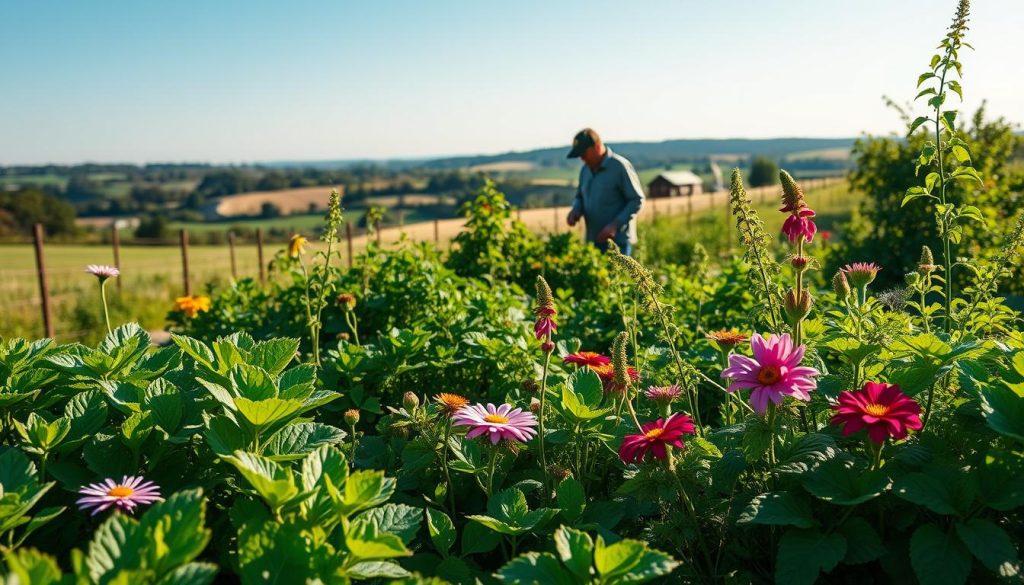 A lush, verdant garden scene with a variety of healthy plants and flowers in the foreground. In the middle ground, a gardener tending to the plants, using natural pest control methods such as companion planting and introducing beneficial insects. The background features a tranquil countryside landscape, with rolling hills and a clear blue sky. The lighting is warm and natural, with the sun casting a gentle glow over the scene. The overall atmosphere conveys a sense of harmony and sustainability, highlighting the importance of natural plant protection methods. A lush, verdant garden scene with a variety of healthy plants and flowers in the foreground. In the middle ground, a gardener tending to the plants, using natural pest control methods such as companion planting and introducing beneficial insects. The background features a tranquil countryside landscape, with rolling hills and a clear blue sky. The lighting is warm and natural, with the sun casting a gentle glow over the scene. The overall atmosphere conveys a sense of harmony and sustainability, highlighting the importance of natural plant protection methods.