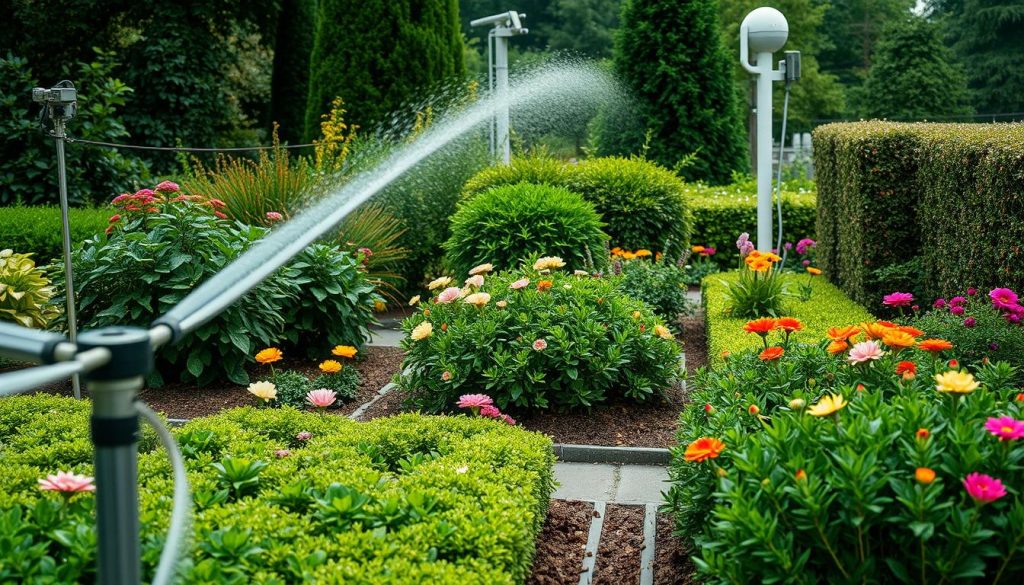 A lush, verdant garden showcasing the integration of smart technology. In the foreground, a sleek and modern irrigation system waters the neatly manicured flowerbeds and carefully pruned shrubs. The middle ground features a network of hidden sensors monitoring soil moisture, light levels, and temperature, relaying data to a central control panel. In the background, a state-of-the-art weather station tracks meteorological conditions, adjusting the garden's automated functions accordingly. Warm, diffused lighting accentuates the harmonious blend of nature and innovation, creating an inviting and efficient "intelligent garden" environment. A lush, verdant garden showcasing the integration of smart technology. In the foreground, a sleek and modern irrigation system waters the neatly manicured flowerbeds and carefully pruned shrubs. The middle ground features a network of hidden sensors monitoring soil moisture, light levels, and temperature, relaying data to a central control panel. In the background, a state-of-the-art weather station tracks meteorological conditions, adjusting the garden's automated functions accordingly. Warm, diffused lighting accentuates the harmonious blend of nature and innovation, creating an inviting and efficient "intelligent garden" environment.
