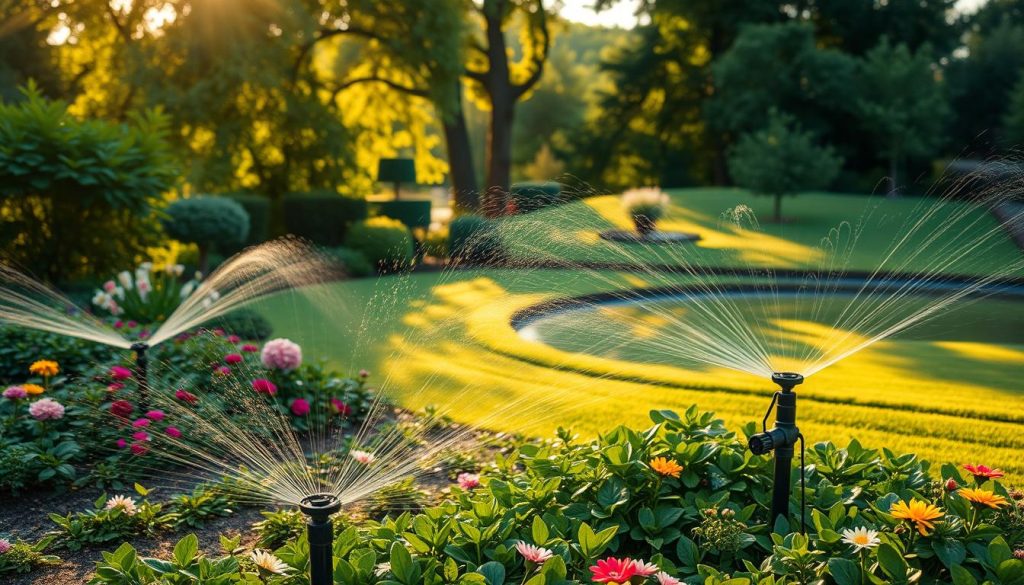 A lush, verdant garden with an expertly designed irrigation system. In the foreground, a series of sprinklers and drip lines weave through the meticulously maintained flowerbeds, delivering water with precision. In the middle ground, a network of pipes and valves, hidden among the foliage, control the flow and distribution. The background showcases a well-manicured lawn, gently sloping towards a tranquil pond, its surface barely rippling. Warm, golden sunlight filters through the canopy of trees, casting a soft, natural glow over the entire scene. The overall impression is one of harmony, efficiency, and a deep respect for the delicate balance of the garden ecosystem. A lush, verdant garden with an expertly designed irrigation system. In the foreground, a series of sprinklers and drip lines weave through the meticulously maintained flowerbeds, delivering water with precision. In the middle ground, a network of pipes and valves, hidden among the foliage, control the flow and distribution. The background showcases a well-manicured lawn, gently sloping towards a tranquil pond, its surface barely rippling. Warm, golden sunlight filters through the canopy of trees, casting a soft, natural glow over the entire scene. The overall impression is one of harmony, efficiency, and a deep respect for the delicate balance of the garden ecosystem.