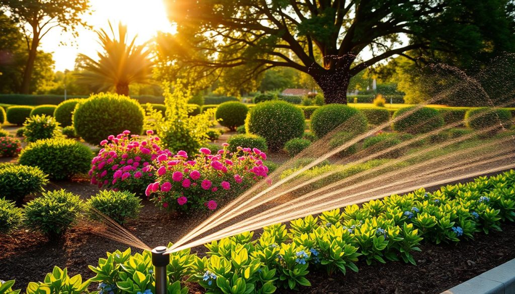A lush, well-manicured garden thrives under a warm, golden afternoon sun. In the foreground, a modern, sleek irrigation system sprinkles water gently over verdant, healthy plants. The middle ground showcases a diverse array of flowering shrubs and neatly trimmed hedges, their vibrant hues contrasting against the rich, earthy tones of the soil. In the background, towering trees provide a natural canopy, casting dynamic shadows that dance across the scene. The entire composition exudes a sense of harmony and tranquility, highlighting the benefits of a thoughtfully designed garden irrigation system. A lush, well-manicured garden thrives under a warm, golden afternoon sun. In the foreground, a modern, sleek irrigation system sprinkles water gently over verdant, healthy plants. The middle ground showcases a diverse array of flowering shrubs and neatly trimmed hedges, their vibrant hues contrasting against the rich, earthy tones of the soil. In the background, towering trees provide a natural canopy, casting dynamic shadows that dance across the scene. The entire composition exudes a sense of harmony and tranquility, highlighting the benefits of a thoughtfully designed garden irrigation system.