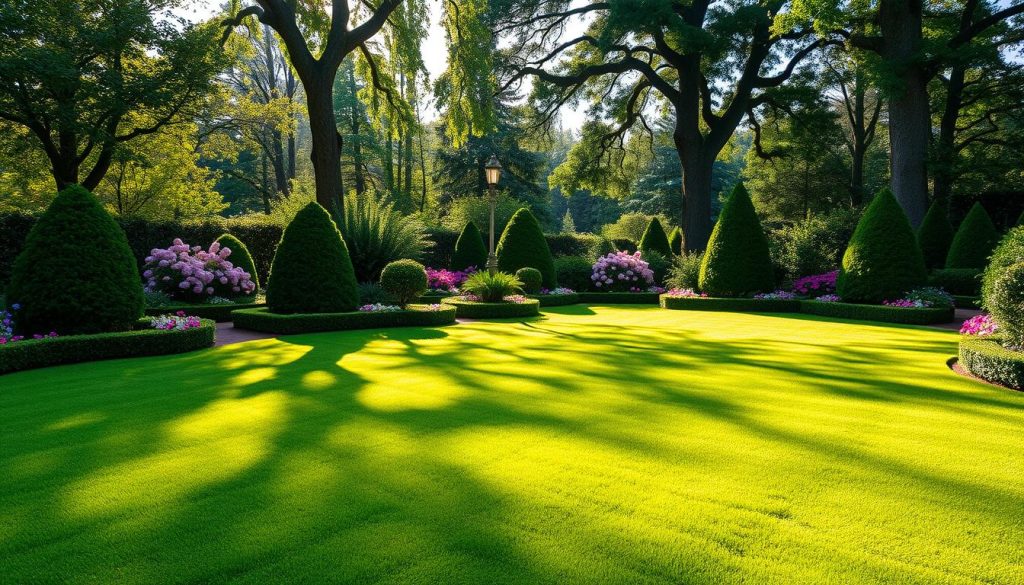 A lush, well-manicured garden with a sprawling lawn as the focal point. The grass is a vibrant, emerald green, freshly mowed and evenly trimmed, inviting visitors to sink their toes into its soft, plush surface. Surrounding the lawn, a harmonious arrangement of neatly pruned shrubs, blooming flowers, and towering trees create a serene, picturesque setting. Sunlight filters through the foliage, casting a warm, golden glow and casting intricate patterns of shadows across the scene. The overall atmosphere is one of tranquility and natural beauty, highlighting the importance of a well-maintained lawn as a calming and aesthetically pleasing element in an outdoor space.
