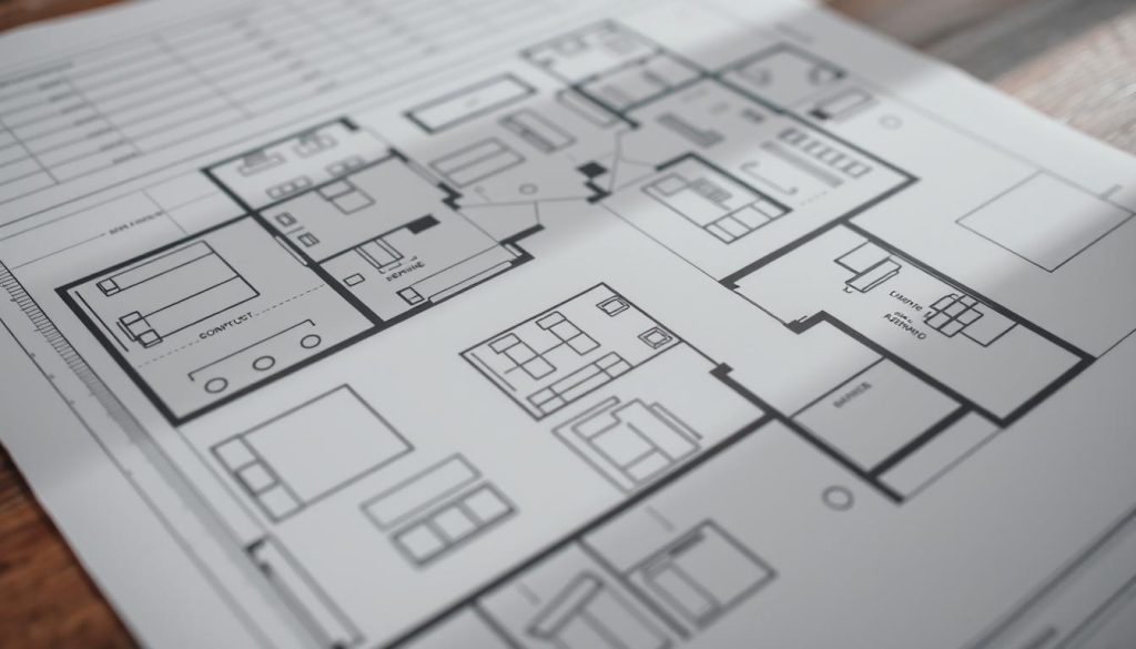 A meticulously crafted floor plan for a home renovation project, depicted with precise architectural details and a muted color palette. The blueprint takes center stage, showcasing intricate room layouts, furniture placements, and structural elements. Soft, directional lighting casts subtle shadows, lending a sense of depth and three-dimensionality to the scene. The background is subtly blurred, allowing the plan to be the focal point, conveying the importance of thorough planning for a stress-free renovation process. The overall mood is one of thoughtful organization and attention to detail, reflecting the benefits of careful preparation for a home improvement project.