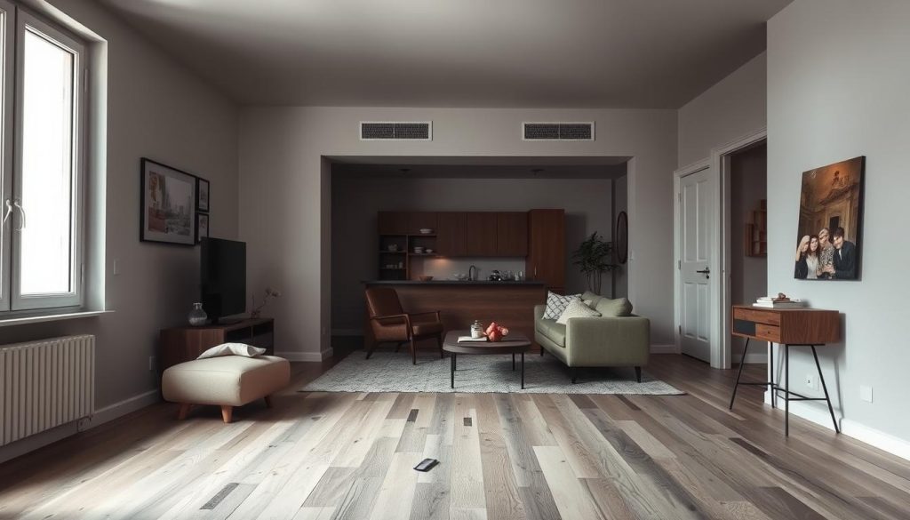 A meticulously surveyed apartment interior, showcasing the current state of the living space. A wide-angle view captures the room's layout, highlighting the flooring, walls, and any visible furniture or decor. Muted, natural lighting casts a contemplative atmosphere, inviting the viewer to assess the space objectively. Particular attention is drawn to potential problem areas, such as signs of wear, damage, or outdated design elements. The composition strikes a balance between documenting the existing conditions and suggesting opportunities for improvement, setting the stage for a thoughtful renovation planning process.