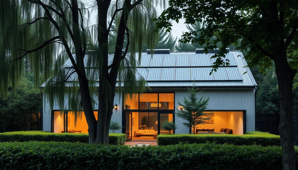 A modern, energy-efficient house with a sleek, minimalist exterior. The building is surrounded by lush, well-manicured landscaping, with tall trees and neatly trimmed hedges in the foreground. The facade features large, triple-glazed windows that allow ample natural light to flood the interior. The rooftop is covered in solar panels, harnessing the sun's energy to power the home. The overall design is focused on sustainability, with a warm, inviting atmosphere. The lighting is soft and diffused, creating a cozy, comfortable ambiance. The scene is captured from a slightly elevated angle, emphasizing the architectural details and the harmonious integration of the structure with its natural surroundings. A modern, energy-efficient house with a sleek, minimalist exterior. The building is surrounded by lush, well-manicured landscaping, with tall trees and neatly trimmed hedges in the foreground. The facade features large, triple-glazed windows that allow ample natural light to flood the interior. The rooftop is covered in solar panels, harnessing the sun's energy to power the home. The overall design is focused on sustainability, with a warm, inviting atmosphere. The lighting is soft and diffused, creating a cozy, comfortable ambiance. The scene is captured from a slightly elevated angle, emphasizing the architectural details and the harmonious integration of the structure with its natural surroundings.