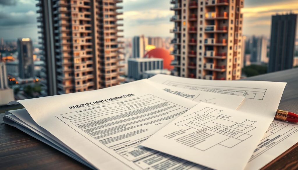 A modern high-rise apartment building set against a backdrop of a vibrant city skyline. In the foreground, a series of legal documents and blueprints are neatly arranged, representing the regulatory framework governing home renovations. The lighting is a warm, muted tone, conveying a sense of professionalism and attention to detail. The composition emphasizes the interplay between the built environment and the legal considerations that guide the renovation process, reflecting the topic of "Przepisy prawne dotyczące remontów" (Legal regulations regarding home renovations).