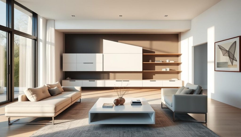 A modern living room, bathed in warm, natural light streaming through large windows. In the foreground, sleek, minimalist furniture - a plush sectional sofa, a low-profile coffee table with clean lines, and a stylish armchair. The middle ground features a floating wall unit, its smooth, lacquered surfaces and seamless drawers and shelves showcasing the utility and aesthetic appeal of modern design. In the background, a few carefully curated pieces of abstract art hang on the walls, complementing the overall refined and sophisticated ambiance. The entire scene exudes a sense of harmony, functionality, and timeless elegance.