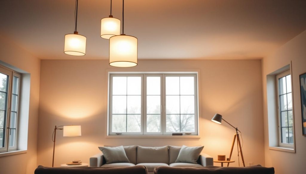 A modern, minimalist living room bathed in warm, diffused lighting. Sleek, geometric pendant lamps with frosted glass shades hang from the ceiling, casting a soft, ambient glow across the space. A pair of mid-century inspired floor lamps flank a low-profile sofa, illuminating the clean-lined furniture and natural wood accents. The lighting blends seamlessly with the neutral color palette, creating a serene and sophisticated atmosphere. Large windows allow natural daylight to filter in, complementing the artificial lighting. The scene exudes a sense of understated elegance and timeless design.