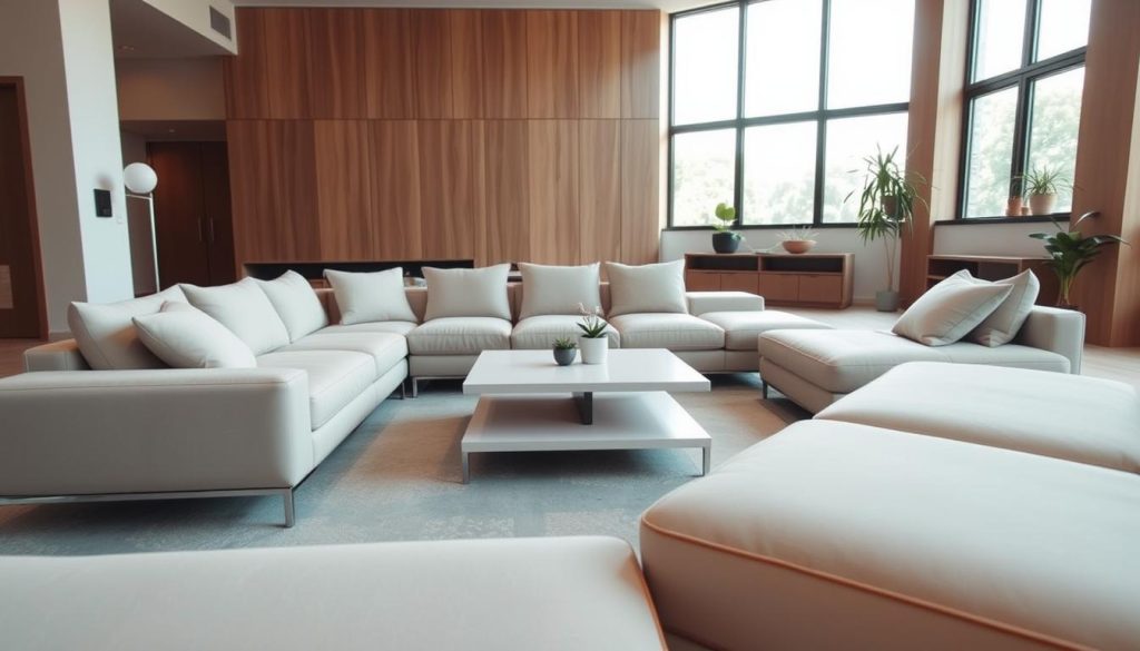 A modern, minimalist living room filled with a modular furniture arrangement. In the foreground, sleek, modular sofa sections in neutral tones are configured in an L-shape, inviting relaxation. The middle ground showcases a minimalist coffee table with clean lines, complementing the modular sofa. In the background, a large window floods the space with natural light, illuminating the room and creating a bright, airy atmosphere. The overall mood is one of simplicity, functionality, and adaptability, reflecting the essence of modular furniture. Captured from a low, slightly angled perspective to showcase the harmonious, modular layout.