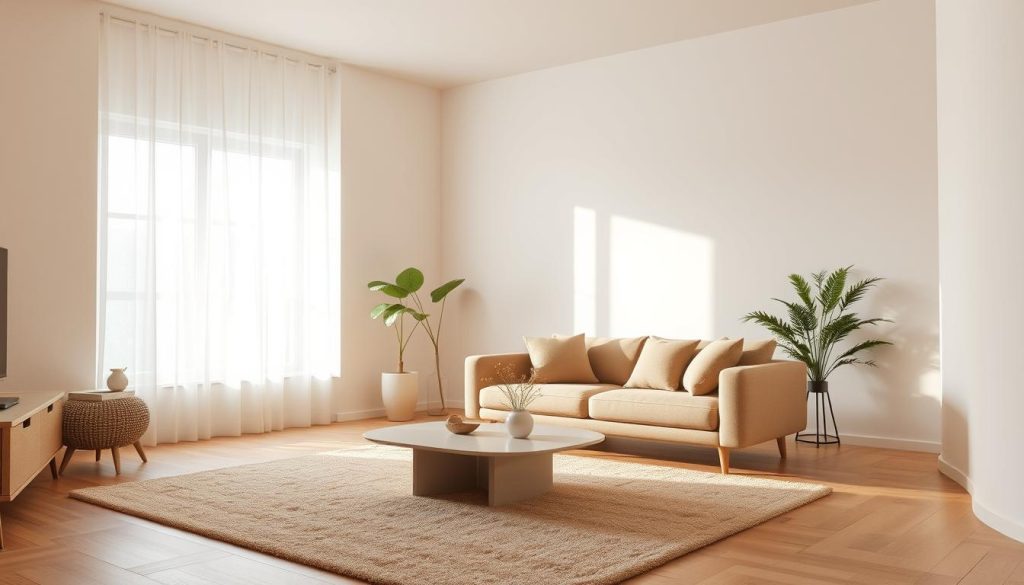 A modern, minimalist living room in warm, natural tones. The space is filled with soft, diffused lighting, creating a cozy and inviting atmosphere. In the foreground, a sleek, low-profile sofa and a minimalist coffee table sit atop a plush, neutral-colored rug. Mid-ground, a large window allows natural light to flood the room, while a few carefully curated decor pieces, such as a potted plant and a vase of fresh flowers, add subtle pops of color. The background features clean, white walls and a simple, uncluttered design, giving the impression of a serene, uncluttered space.