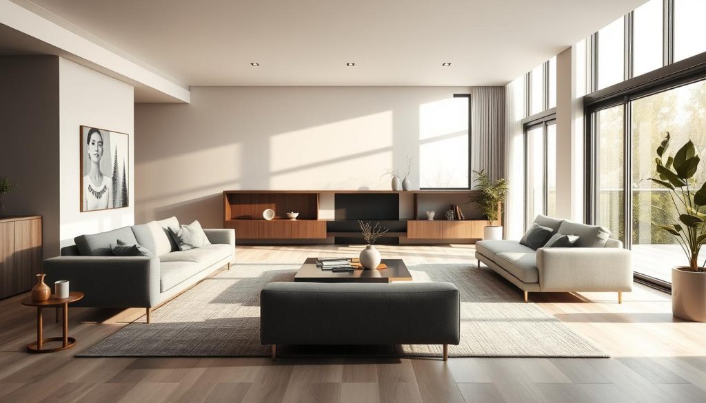 A modern, minimalist living room interior with sleek, angular furniture and a clean, open layout. Warm natural lighting floods the space through large windows, casting a soft, inviting glow. Muted tones of gray, white, and beige create a serene, sophisticated ambiance, accented by subtle metallic finishes and geometric patterns. The room exudes a sense of tranquility and effortless elegance, showcasing the timeless appeal of contemporary design.