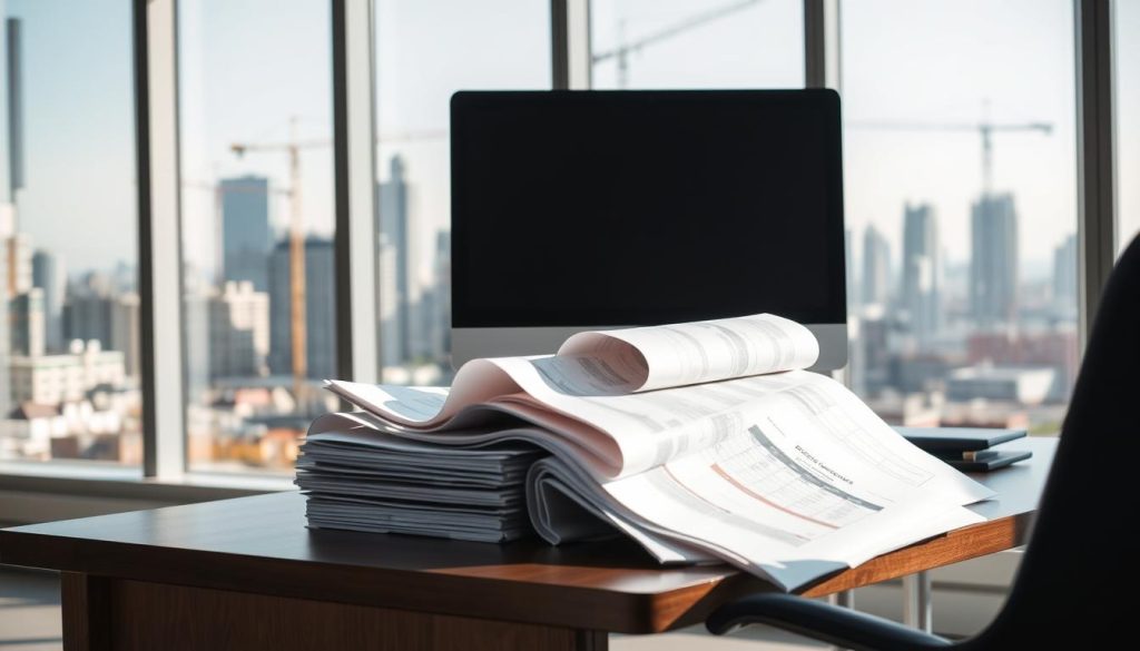 A modern office interior with a desk, chair, and computer monitor in the foreground. In the middle ground, stacks of documents, architectural plans, and construction permits are neatly organized on the desk. The background features a large window overlooking a cityscape, with cranes and partially constructed buildings visible in the distance, suggesting an urban development project. The lighting is bright and natural, creating a professional and focused atmosphere. The overall scene conveys the administrative and bureaucratic aspects of the construction process.