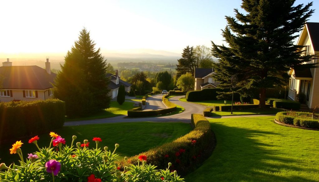 A peaceful, tranquil residential neighborhood, with well-manicured lawns, neatly trimmed hedges, and a winding path leading to a charming, two-story house. The sun casts a warm, golden glow over the scene, creating a serene and inviting atmosphere. In the foreground, a lush, verdant garden bursts with vibrant flowers, adding a touch of color and life to the setting. The middle ground features a well-maintained road, lined with tall, stately trees that provide a natural canopy, casting gentle shadows on the ground below. In the background, a hazy, distant skyline of rolling hills and a clear, blue sky complete the picturesque scene, conveying a sense of spaciousness and calm.