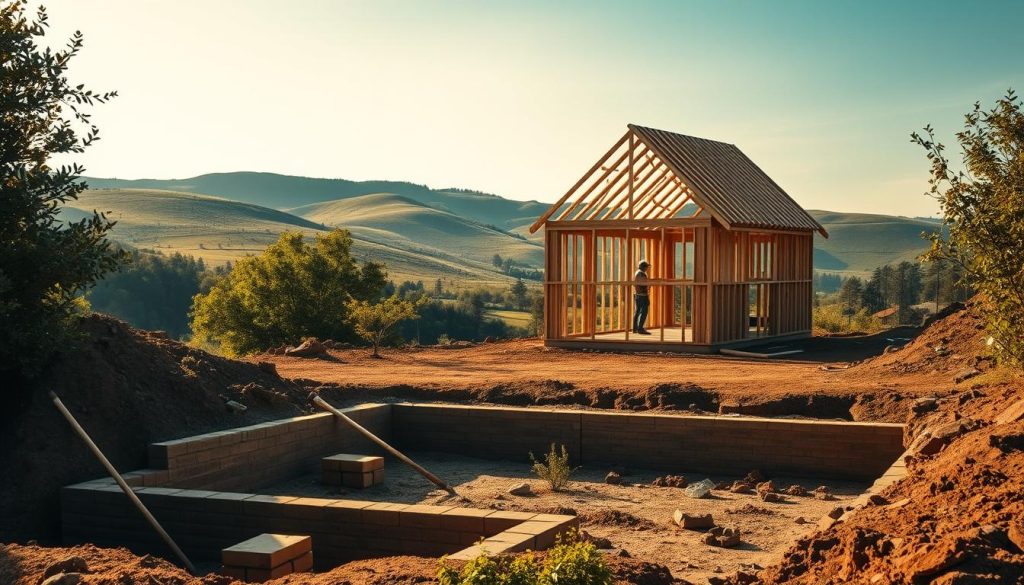 A serene, cozy construction site nestled in a lush, verdant landscape. In the foreground, a foundation is taking shape, with workers meticulously laying bricks and pouring concrete. The midground features a partially framed house, its wooden beams reaching towards the sky, while in the background, rolling hills and a clear blue sky create a sense of tranquility. Warm, natural lighting casts a soft glow over the scene, highlighting the textures of the materials and the diligent efforts of the builders. The overall atmosphere conveys the excitement and anticipation of a new home in the making, inviting the viewer to imagine the journey of construction and the future life that will unfold within.