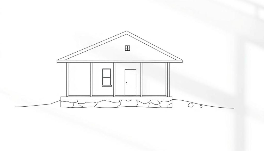 A serene, minimalist architectural blueprint showcasing the structural elements of a single-story home. Crisp, high-contrast monochrome lines depict the foundation, walls, roof, and key internal divisions, inviting the viewer to ponder the fundamental principles of residential construction. Soft shadows cast by an angled, natural light source add depth and dimensionality, guiding the eye through the clean, uncluttered design. The overall impression is one of simplicity, functionality, and the essence of domestic architecture, perfectly suited to introduce the topic of single-story versus multi-level homes.