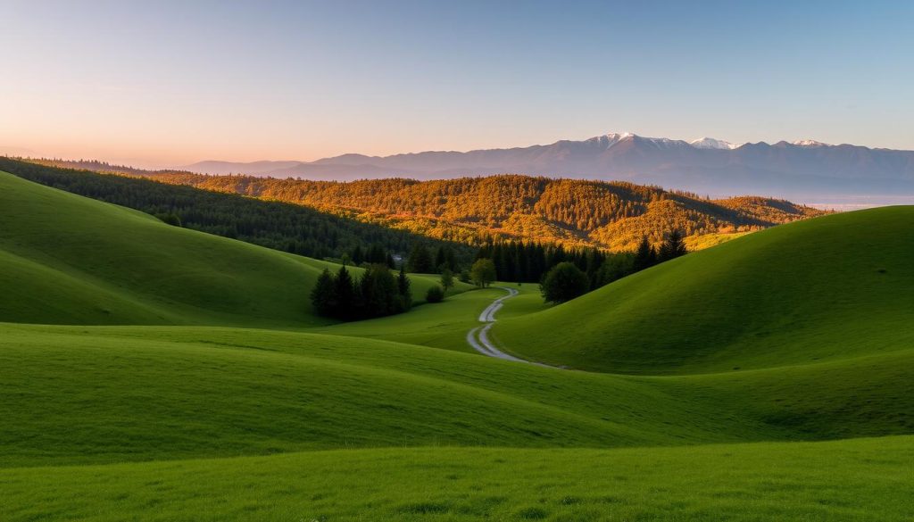 A serene, picturesque landscape unfolds, with rolling hills and lush, verdant fields in the foreground. In the middle ground, a winding path leads the eye towards a tranquil, sun-dappled forest, its verdant canopy casting a gentle, calming shadow. In the background, a distant mountain range stands tall, its snow-capped peaks gleaming in the soft, golden light of the setting sun. The overall scene radiates a sense of peaceful contemplation, inviting the viewer to pause and reflect on the journey ahead, as if introducing the beginning of a meaningful exploration.