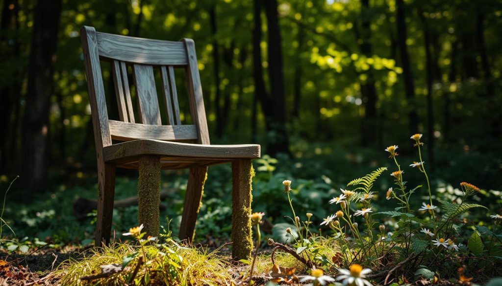 A serene, sun-dappled forest scene with a central focus on an old, weathered wooden chair against a backdrop of lush greenery. The chair appears to be in a state of gentle decay, its worn surfaces and moss-covered legs symbolizing the passage of time. In the foreground, delicate wildflowers and ferns grow around the chair, hinting at the rejuvenating power of nature. Soft, diffused lighting casts a warm, earthy glow, creating a sense of tranquility and the cycle of life. The overall composition conveys the ecological benefits of embracing and repurposing old furniture, blending the man-made and natural elements in a harmonious way.
