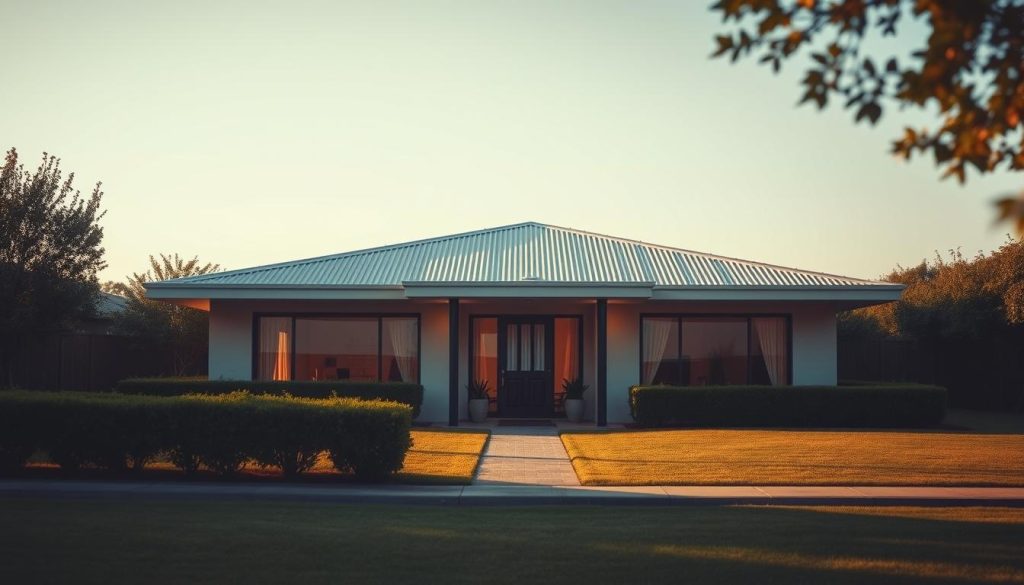 A single-story house with a flat roof and clean, minimalist lines stands in a serene suburban setting. The facade features large windows and a covered entryway, bathed in warm, diffused natural light. The surrounding landscaping is meticulously manicured, with neatly trimmed hedges and a well-maintained lawn. The overall design conveys a sense of simplicity, functionality, and harmonious integration with the environment. The perspective is slightly elevated, capturing the house from an angle that showcases its architectural features and the overall harmony of the scene.