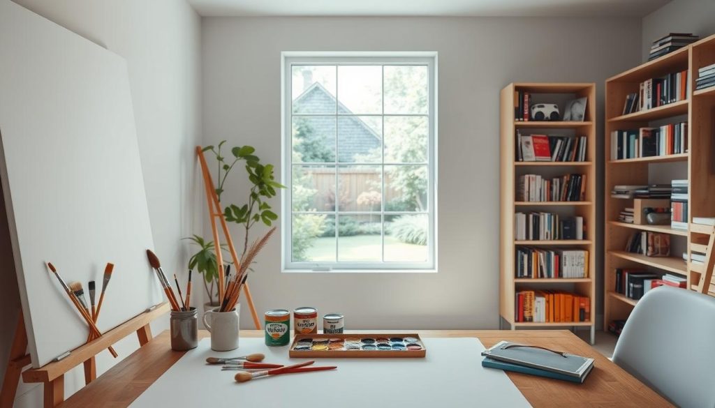 A softly lit interior scene of a beginner painter's workspace, with a mid-century modern aesthetic. In the foreground, a clean white wall serves as the canvas, with brushes, paint cans, and a color palette arranged neatly on a wooden table. The middle ground features a large window overlooking a tranquil garden, allowing natural light to flood the space. In the background, a bookshelf displays volumes on color theory and painting techniques, creating a sense of knowledge and inspiration. The overall mood is one of calm focus, inviting the viewer to embark on their own painting journey.